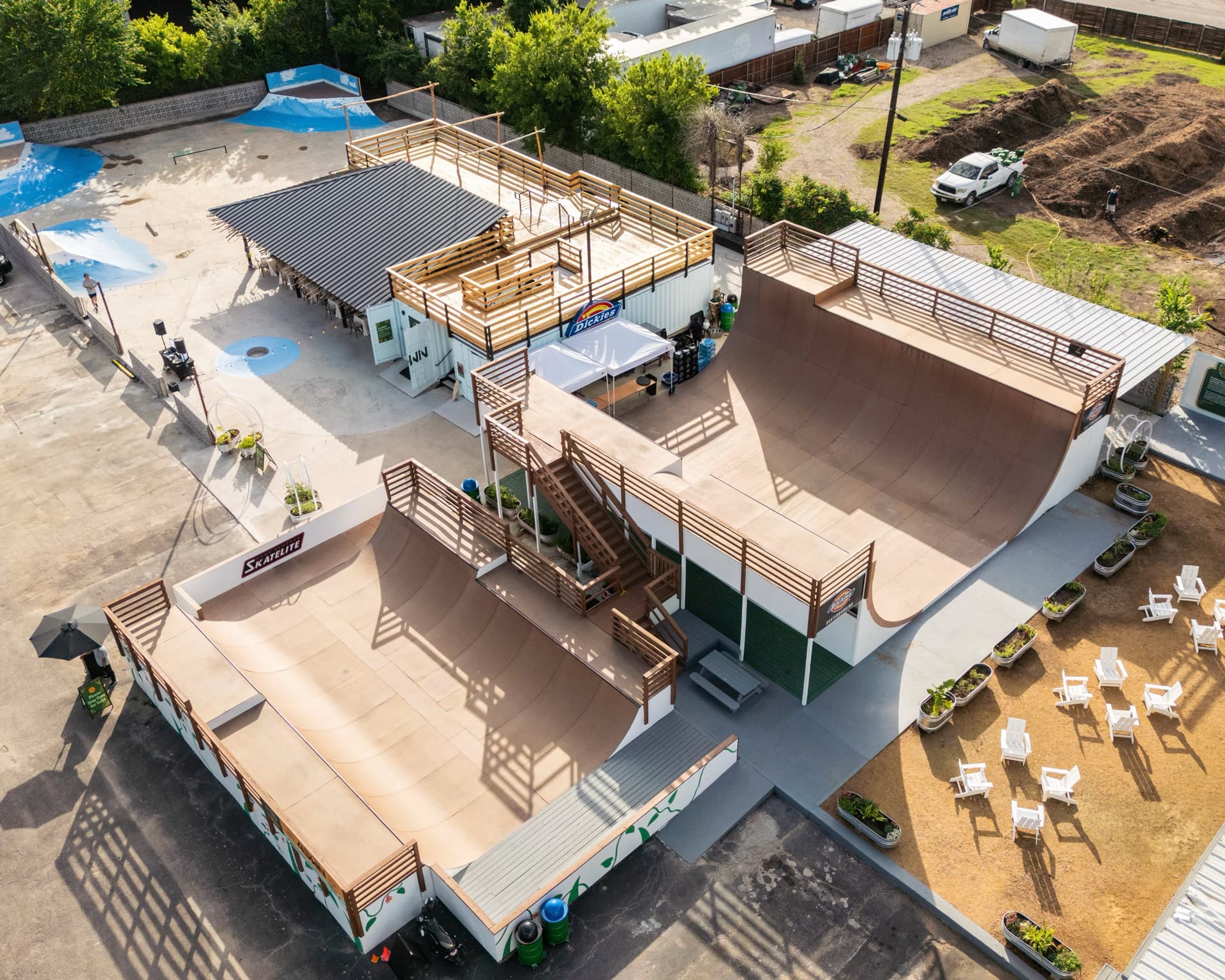 Aerial view of 4DWN Skatepark in South Dallas, showing the vert ramp and bowls